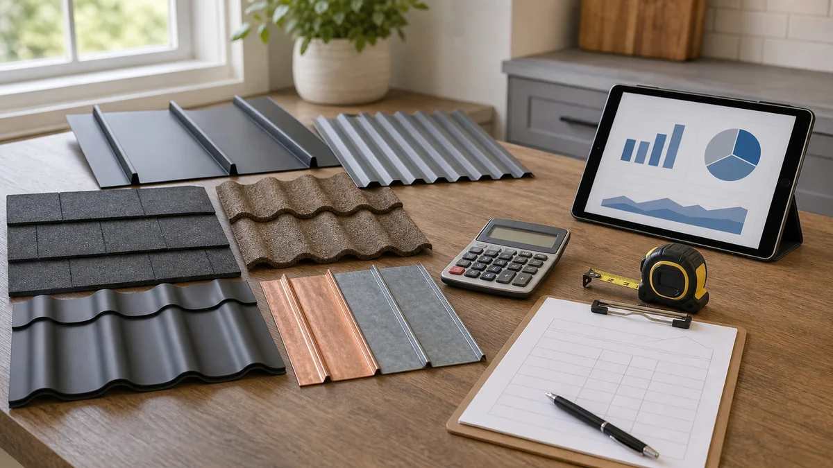 Metal roofing samples, calculator, tape measure, and estimate worksheet used for project pricing