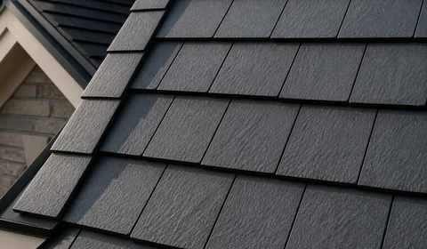 Metal shingles styled like wood shakes