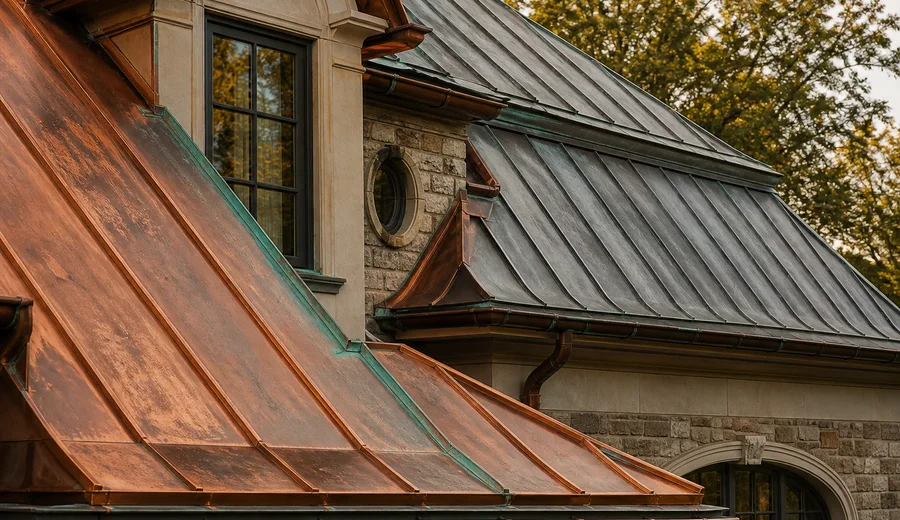 Copper and zinc metal roof with natural patina