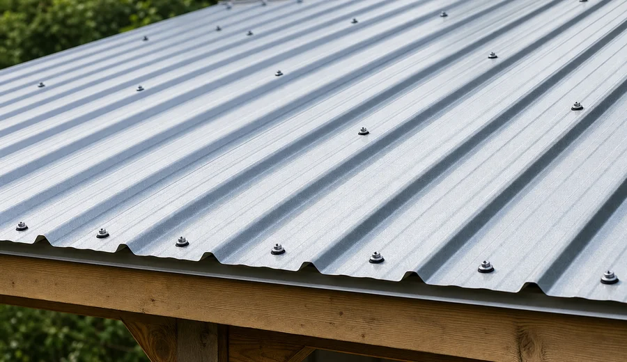 Close-up of corrugated exposed-fastener metal roofing panel