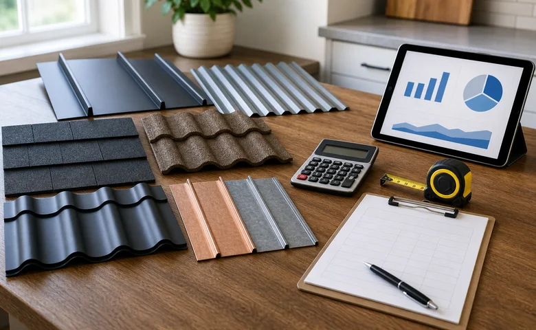 Metal roofing material samples used to compare pricing