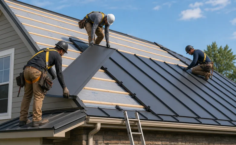 Crew installing standing seam metal panels