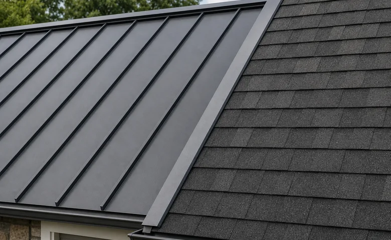 Standing seam metal panels beside asphalt shingles