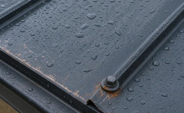 Weathered coated metal roof panel with water beads