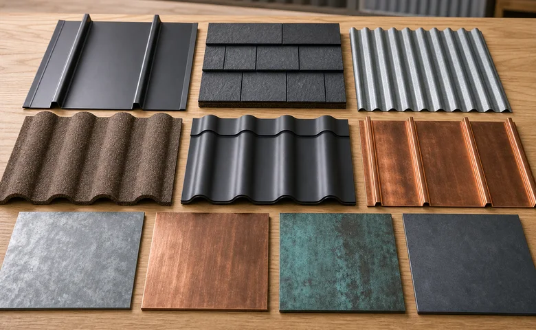 Grid of metal roofing material samples