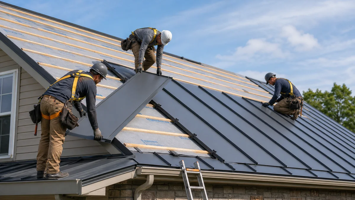 Roofing crew installing standing seam metal panels