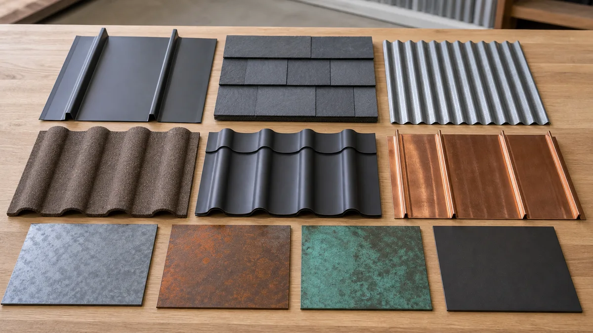 Metal roofing material samples arranged on a workbench