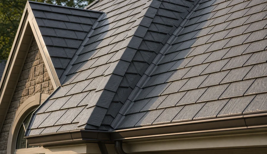 Close-up of interlocking metal shingles and shakes
