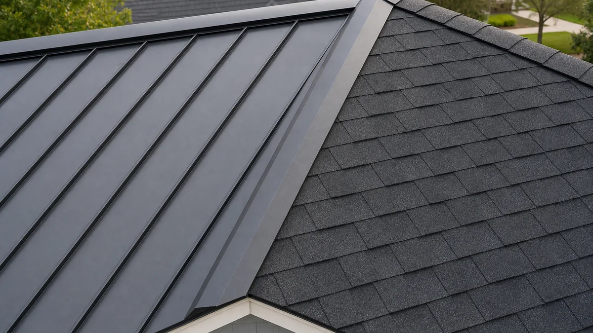 Standing seam metal roof beside asphalt shingles