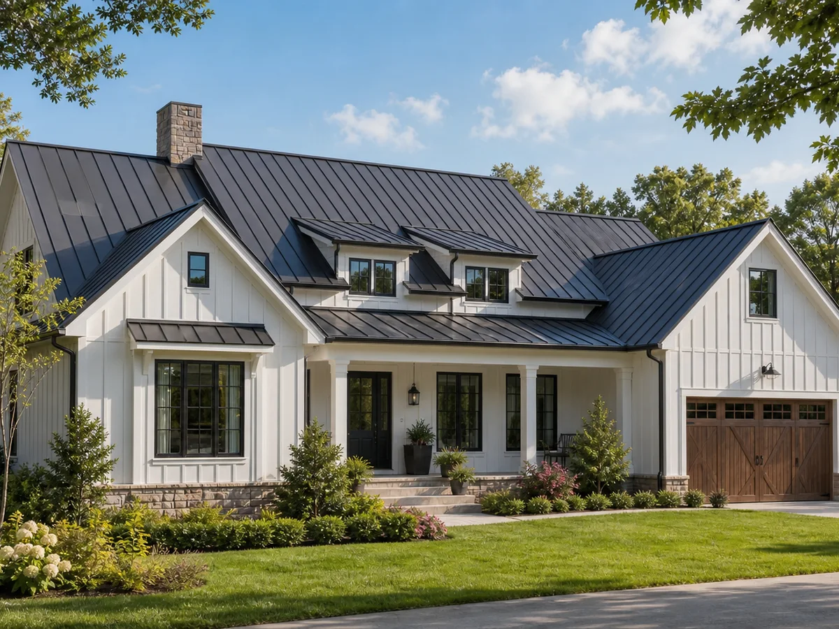 Suburban home with a charcoal standing seam metal roof