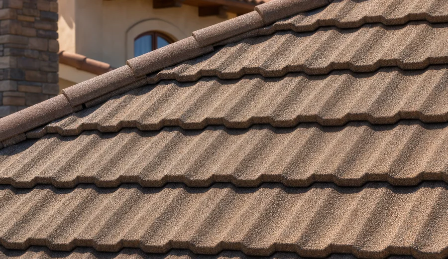 Close-up of stone-coated steel roofing tile