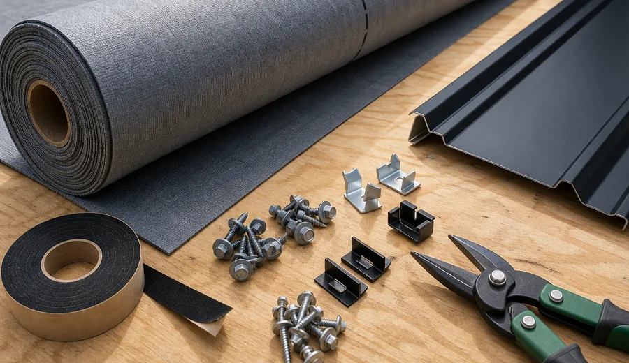 Metal roofing underlayment, screws, clips, and tools